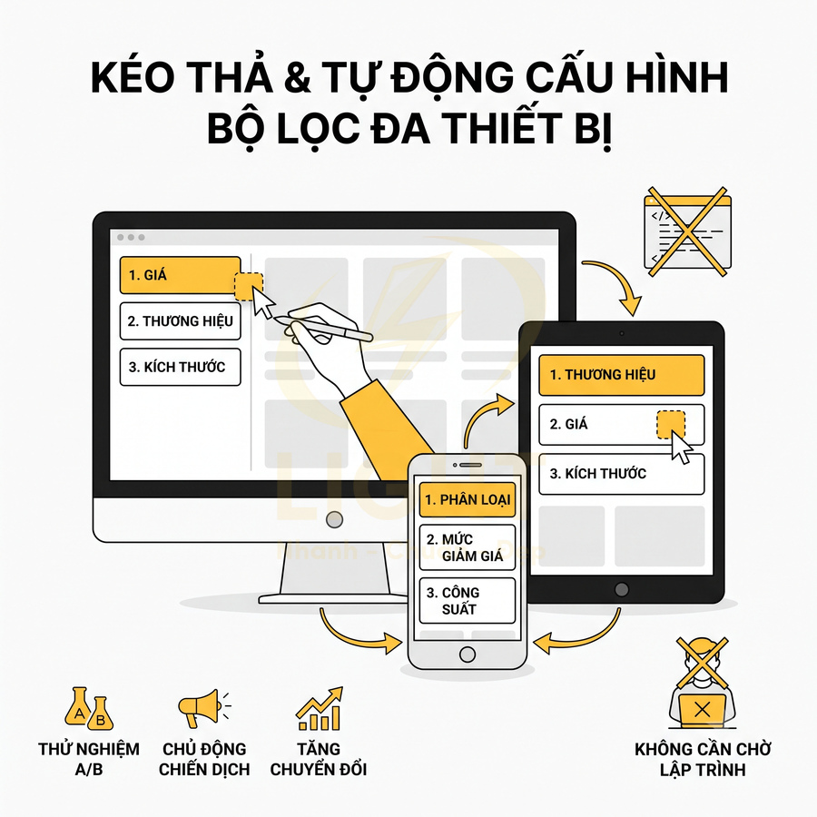 Giao diện kéo thả cấu hình bộ lọc sản phẩm trên máy tính, máy tính bảng và điện thoại để tối ưu chuyển đổi