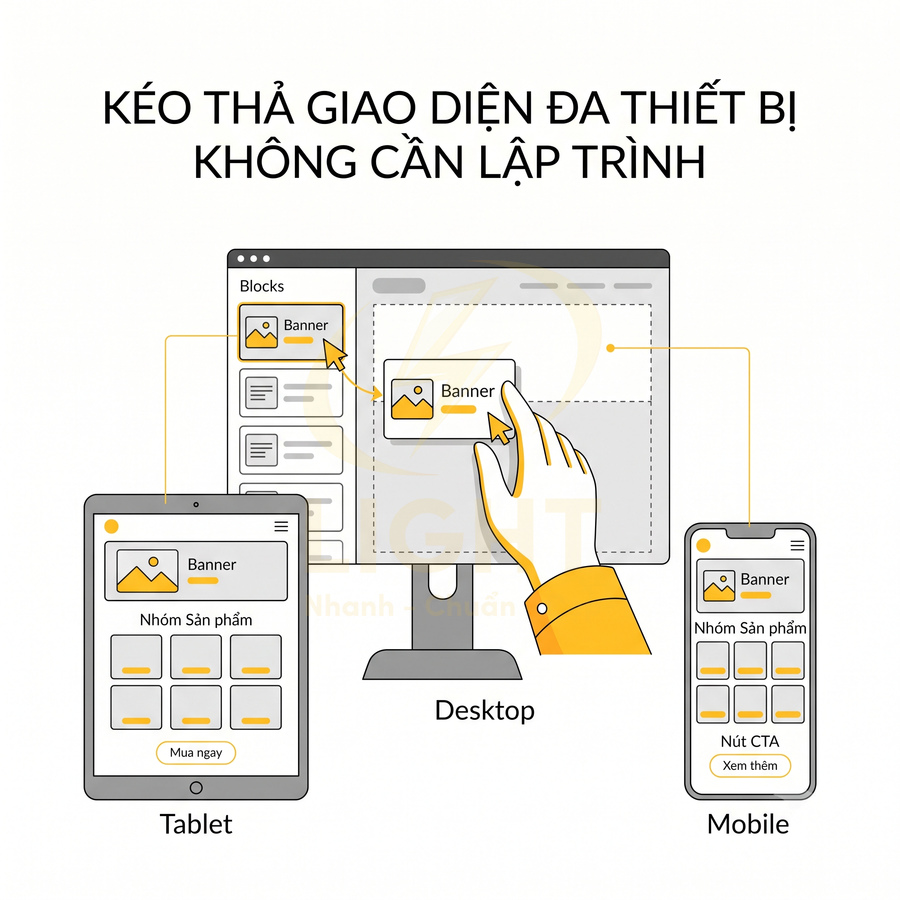 Giao diện kéo thả thiết kế banner và bố cục web hiển thị trên desktop, tablet và mobile