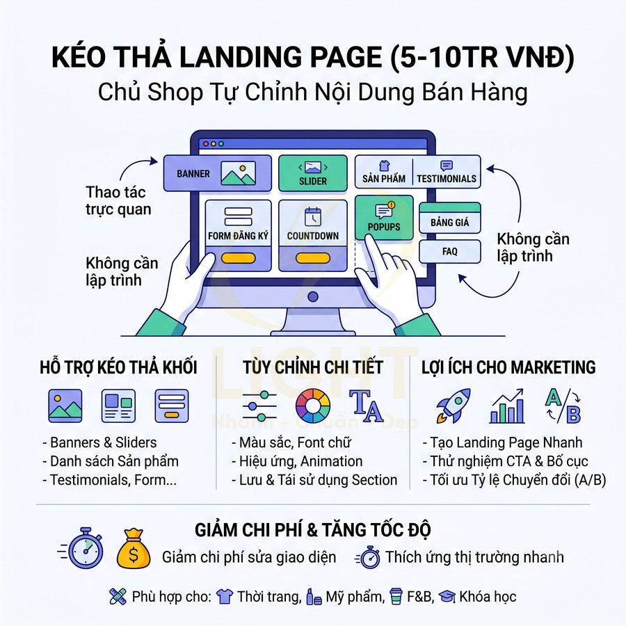 Giao diện phần mềm kéo thả tạo landing page cho chủ shop tự chỉnh sửa nội dung bán hàng không cần lập trình