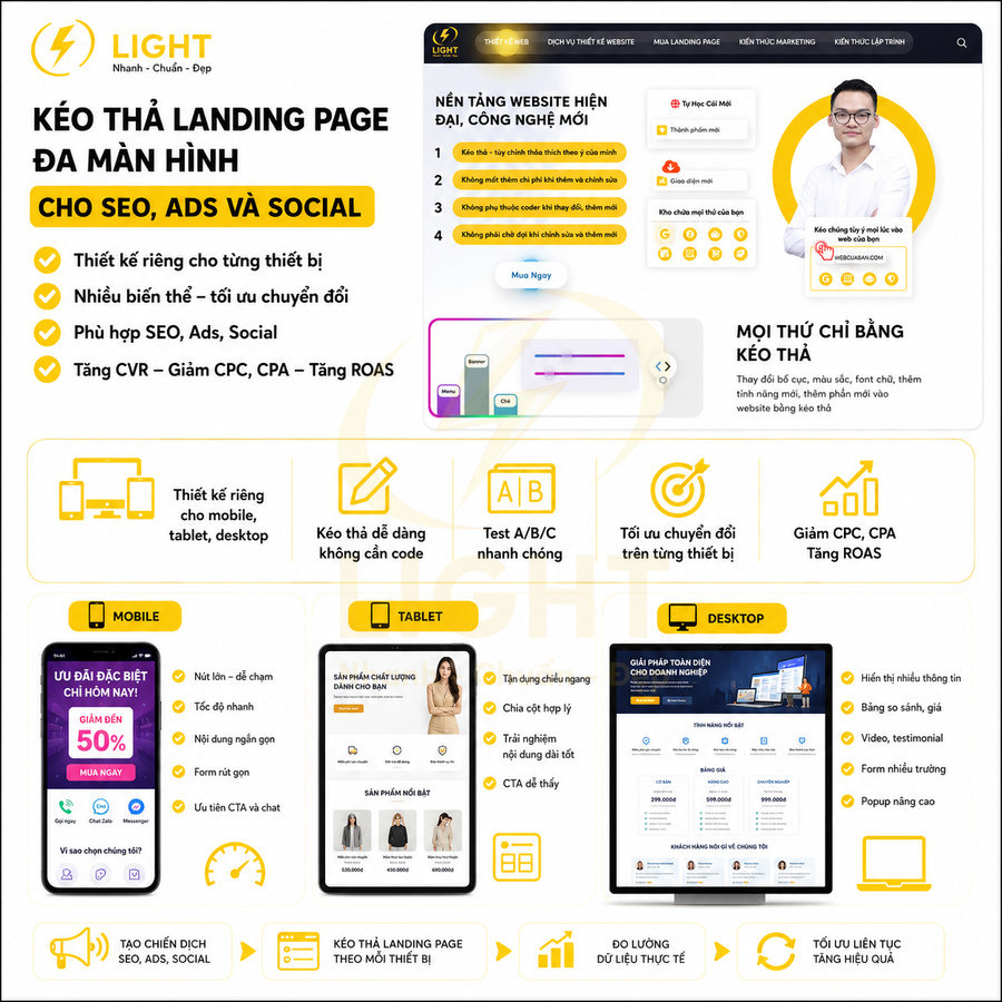 Giao diện dịch vụ thiết kế landing page Light tối ưu cho SEO, quảng cáo và hiển thị trên mobile, tablet, desktop