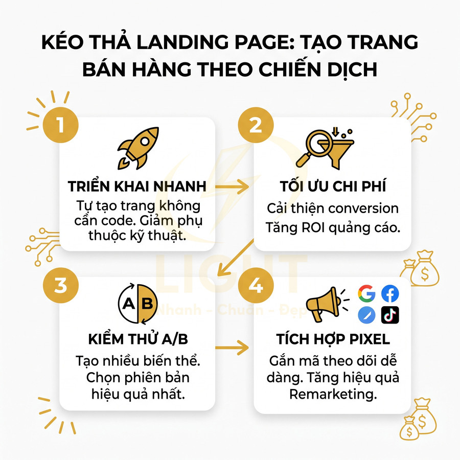 Infographic lợi ích kéo thả tạo landing page bán hàng: triển khai nhanh, tối ưu chi phí, kiểm thử A/B, tích hợp pixel remarketing