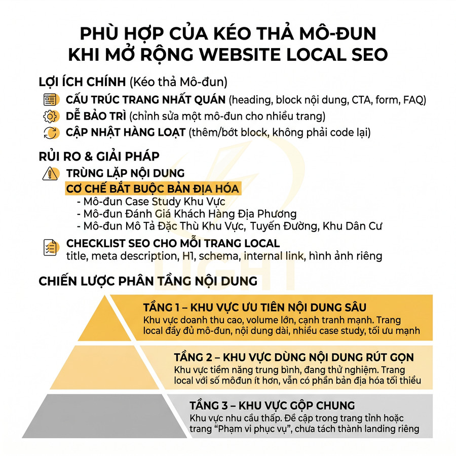 Infographic lợi ích kéo thả mô đun khi mở rộng website local SEO và chiến lược phân tầng nội dung