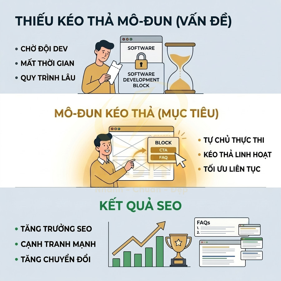 Mô tả mô-đun kéo thả website giúp tự chủ chỉnh sửa nội dung và tối ưu SEO tăng trưởng, cạnh tranh, chuyển đổi