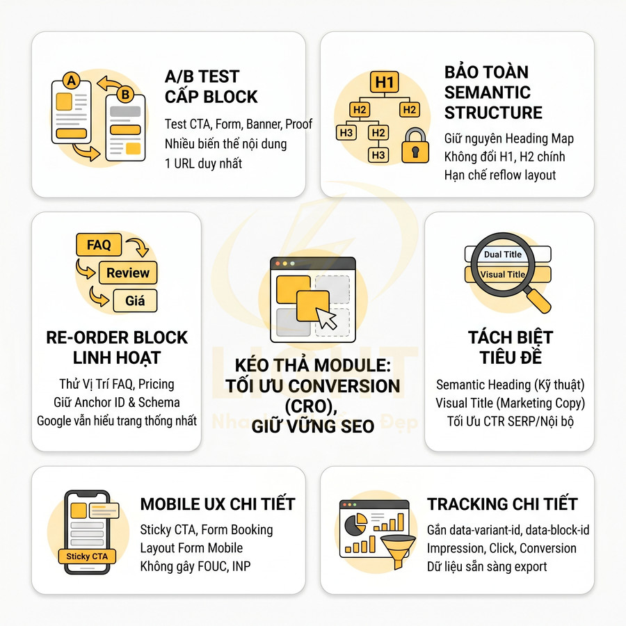 Mô tả tính năng kéo thả module tối ưu CRO, giữ vững SEO với A/B test, re-order block, tách tiêu đề, mobile UX và tracking chi tiết