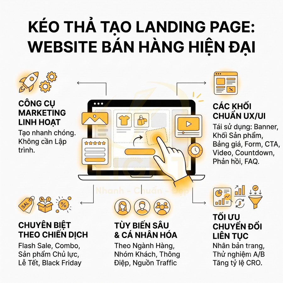 Minh họa giao diện kéo thả tạo landing page bán hàng hiện đại với các khối UX UI và công cụ marketing linh hoạt