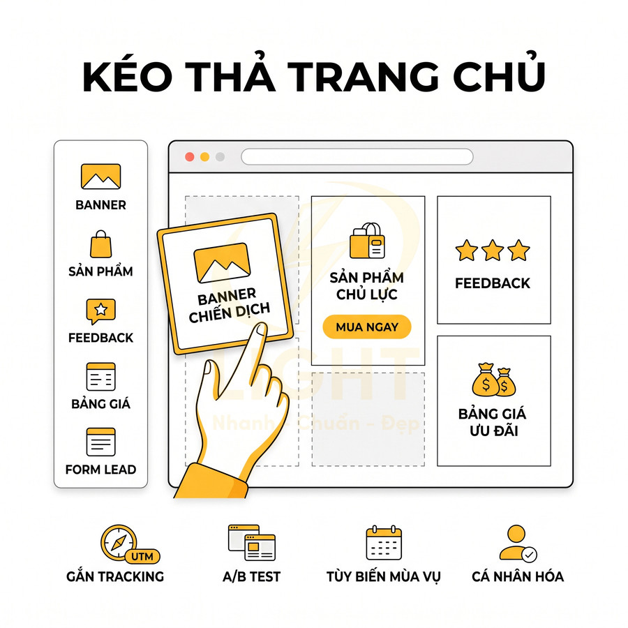 Giao diện kéo thả thiết kế trang chủ website với banner chiến dịch, sản phẩm chủ lực và các khối feedback, bảng giá