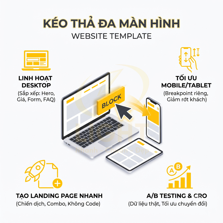 Mẫu website kéo thả đa màn hình, linh hoạt desktop, tối ưu mobile tablet, tạo landing page nhanh, hỗ trợ A/B testing
