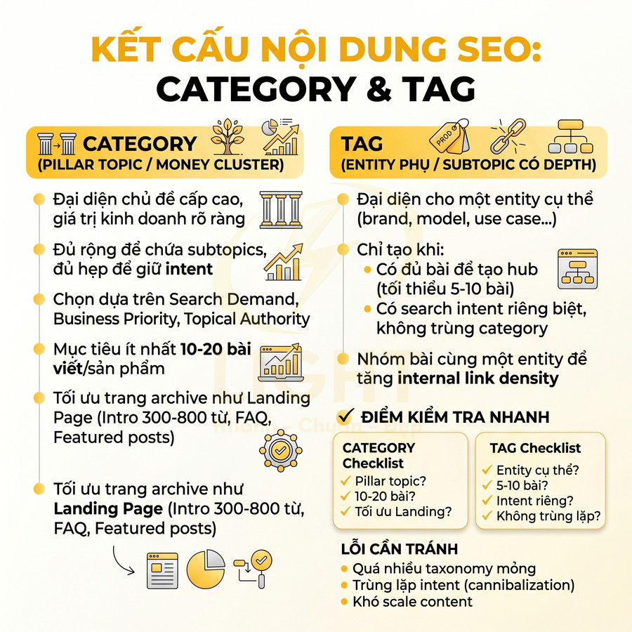 Infographic hướng dẫn cấu trúc nội dung SEO, phân biệt category và tag, checklist và lỗi cần tránh