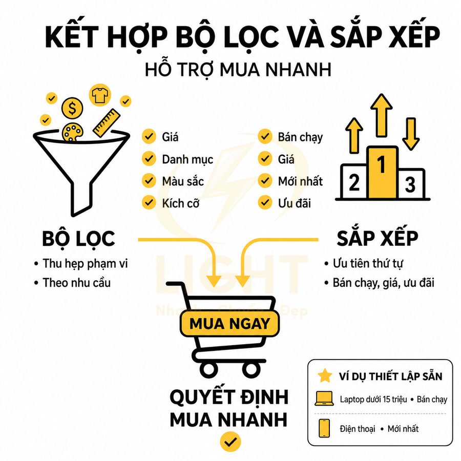 Infographic hướng dẫn kết hợp bộ lọc và sắp xếp sản phẩm để hỗ trợ quyết định mua hàng nhanh trên website thương mại điện tử