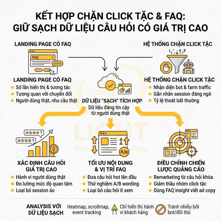 Infographic quy trình kết hợp chặn click tặc và FAQ để giữ sạch dữ liệu câu hỏi giá trị cao trong quảng cáo online