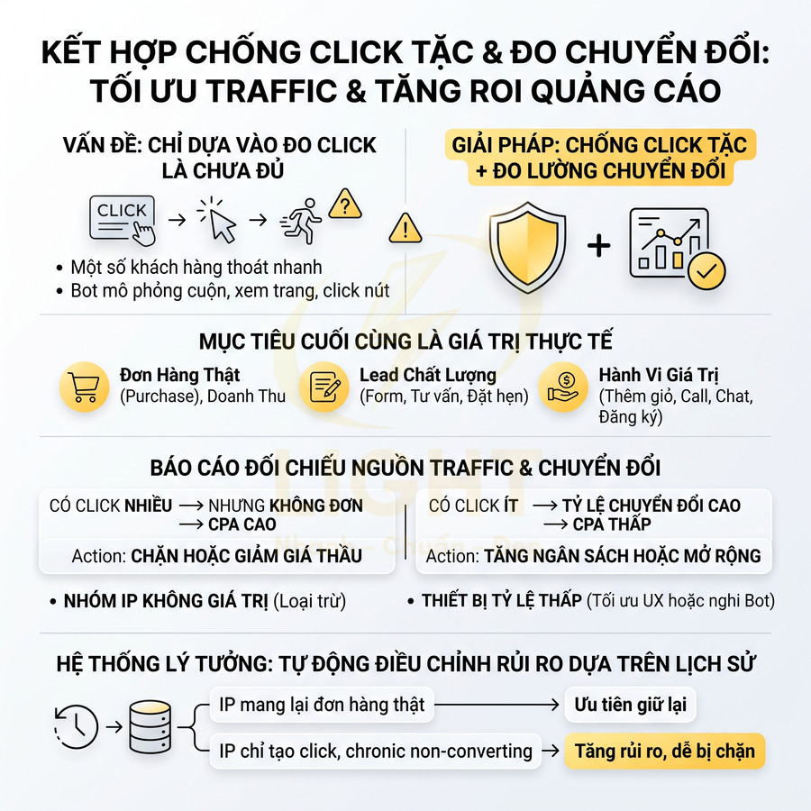 Infographic giải pháp chống click tặc và đo chuyển đổi để tối ưu traffic, tăng ROI quảng cáo trực tuyến