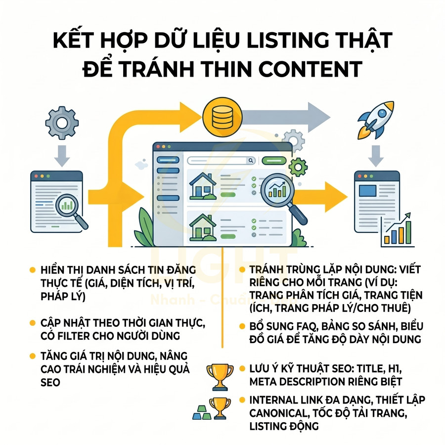 Infographic hướng dẫn kết hợp dữ liệu listing bất động sản thật để tránh thin content và tối ưu SEO