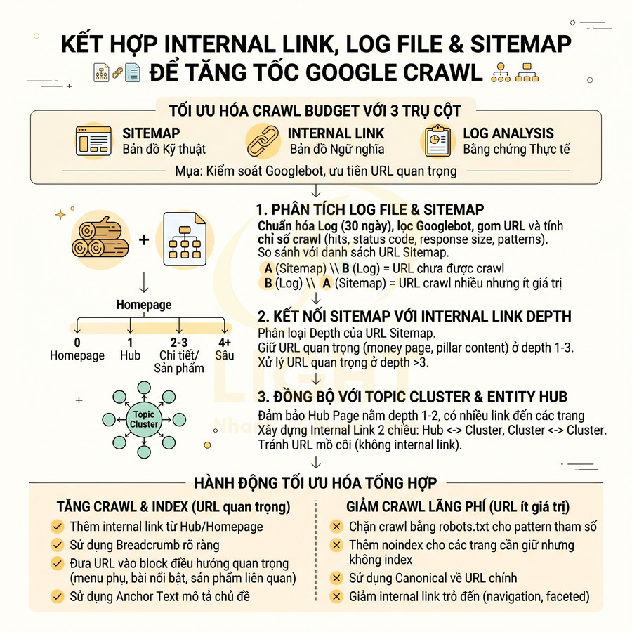 Infographic hướng dẫn kết hợp internal link log file và sitemap để tối ưu crawl budget và tăng tốc Google crawl
