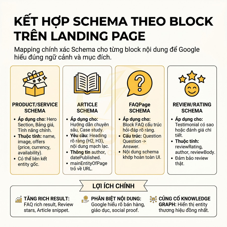 Hướng dẫn kết hợp các loại schema Product, Article, FAQPage, Review trên landing page và lợi ích SEO chính