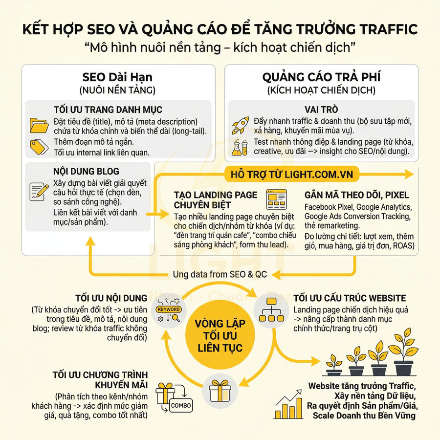 Sơ đồ kết hợp SEO dài hạn và quảng cáo trả phí để tăng trưởng traffic website và tối ưu chuyển đổi