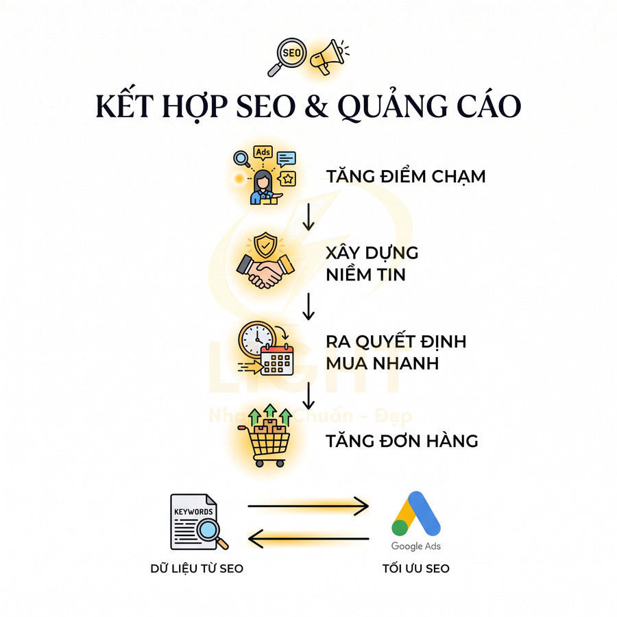 Quy trình kết hợp SEO và Google Ads giúp tăng điểm chạm xây dựng niềm tin và tăng đơn hàng