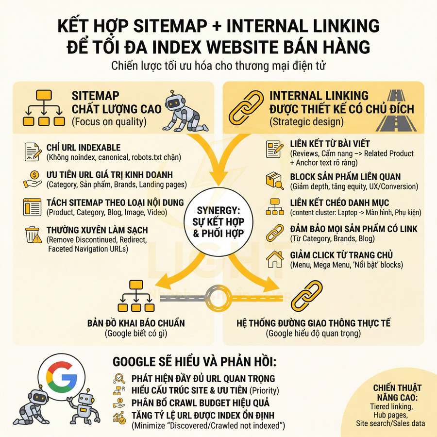 Infographic hướng dẫn kết hợp sitemap chất lượng và internal linking để tối đa index website bán hàng trên Google