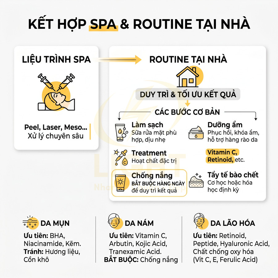 Infographic hướng dẫn kết hợp liệu trình spa và routine chăm sóc da tại nhà cho da mụn, da nám, da lão hóa