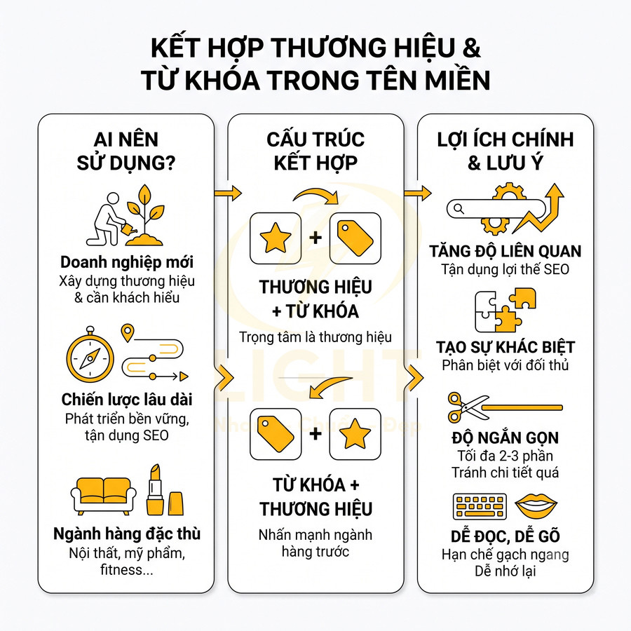 Hướng dẫn kết hợp thương hiệu và từ khóa trong tên miền, nêu đối tượng phù hợp, cấu trúc và lợi ích SEO chính