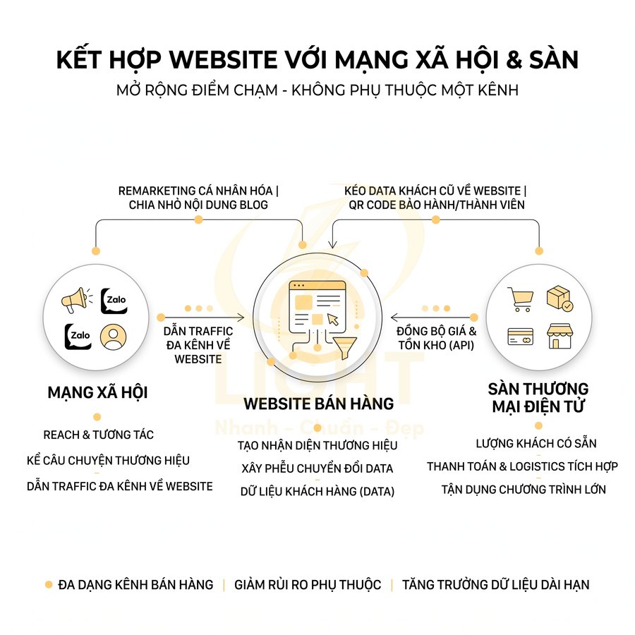 Sơ đồ kết hợp website bán hàng với mạng xã hội và sàn thương mại điện tử để tăng traffic và dữ liệu khách hàng