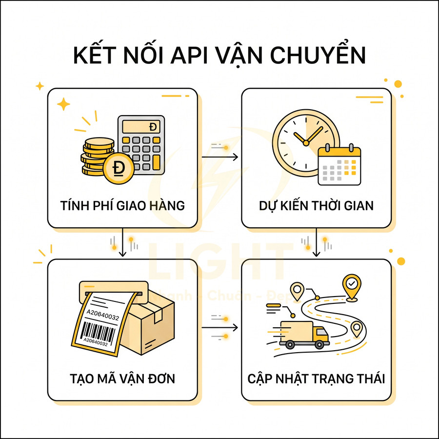Sơ đồ quy trình kết nối API vận chuyển gồm tính phí giao hàng, dự kiến thời gian, tạo mã vận đơn, cập nhật trạng thái