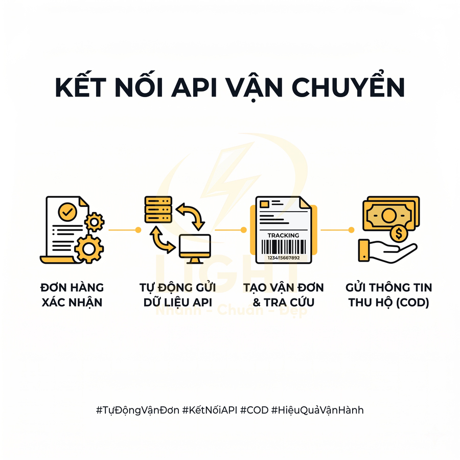 Quy trình kết nối API vận chuyển từ xác nhận đơn hàng đến tạo vận đơn và gửi thông tin thu hộ COD