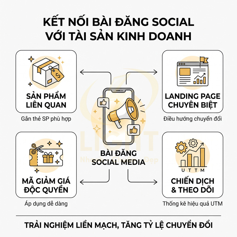 Sơ đồ kết nối bài đăng social media với sản phẩm liên quan, landing page, mã giảm giá và chiến dịch theo dõi UTM