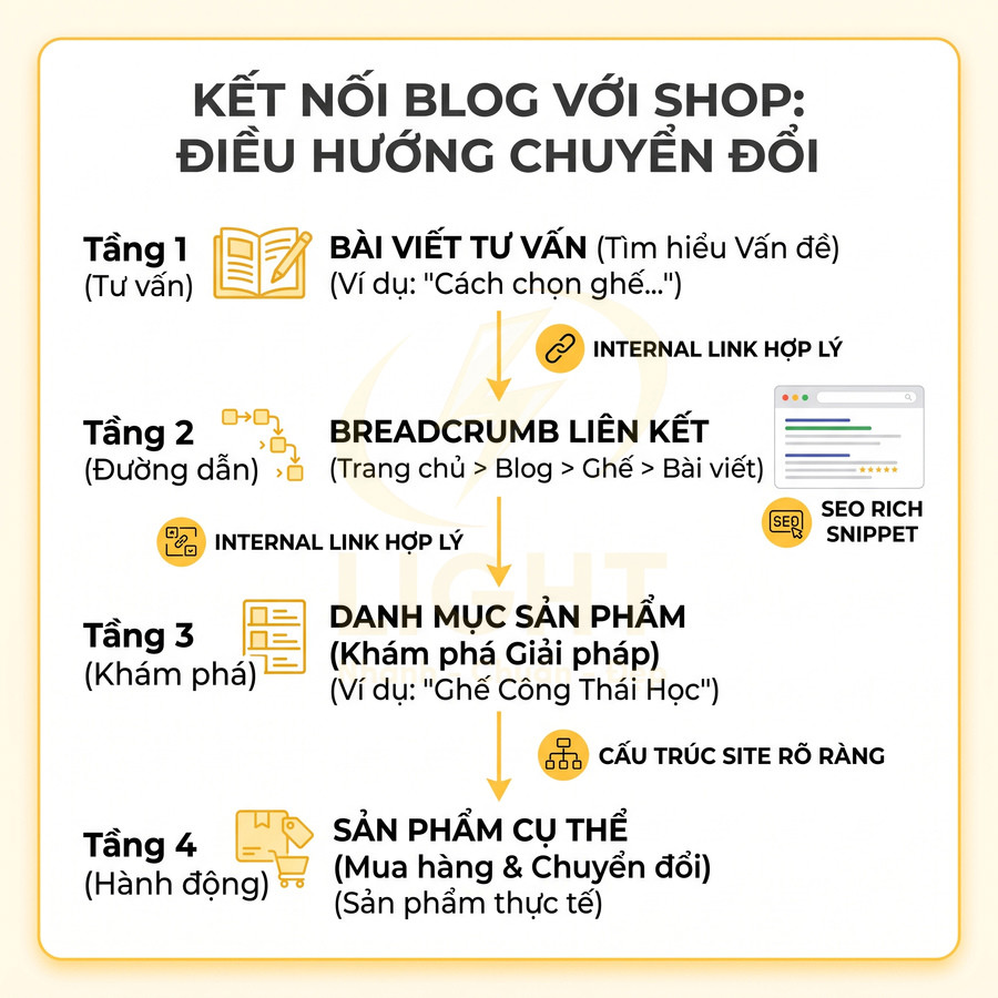 Sơ đồ 4 bước kết nối bài viết blog với danh mục và sản phẩm cụ thể để tăng chuyển đổi trên shop online