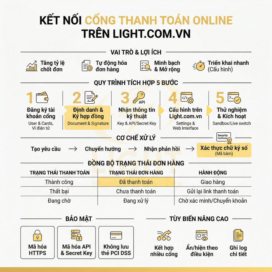 Infographic hướng dẫn kết nối cổng thanh toán online và quy trình tích hợp 5 bước trên Light.com.vn