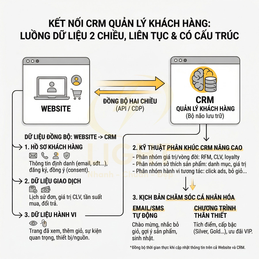Sơ đồ kết nối website với hệ thống CRM quản lý khách hàng, đồng bộ dữ liệu hai chiều để phân tích và chăm sóc khách hàng