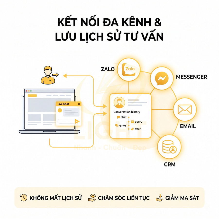 Giải pháp live chat kết nối đa kênh Zalo, Messenger, email, CRM và lưu lịch sử tư vấn khách hàng