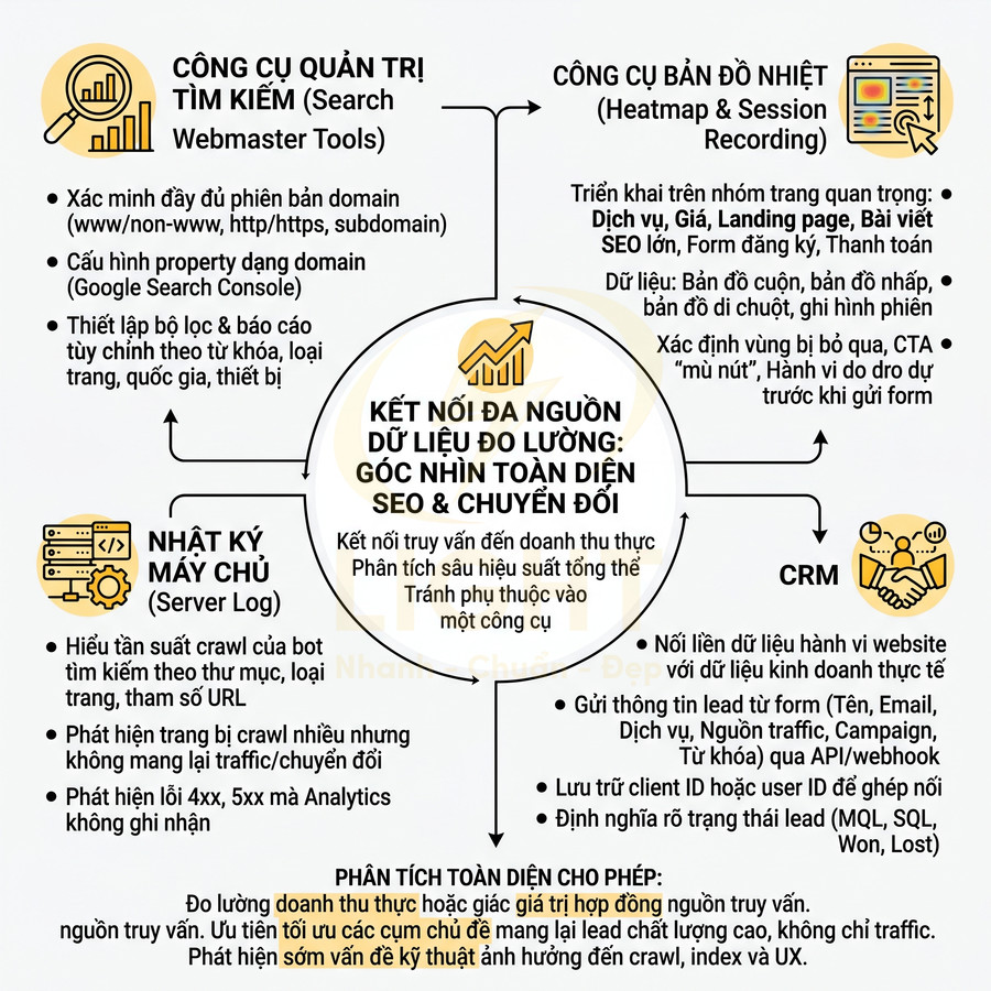Sơ đồ kết nối đa nguồn dữ liệu đo lường SEO và chuyển đổi với công cụ tìm kiếm, heatmap, CRM, nhật ký máy chủ