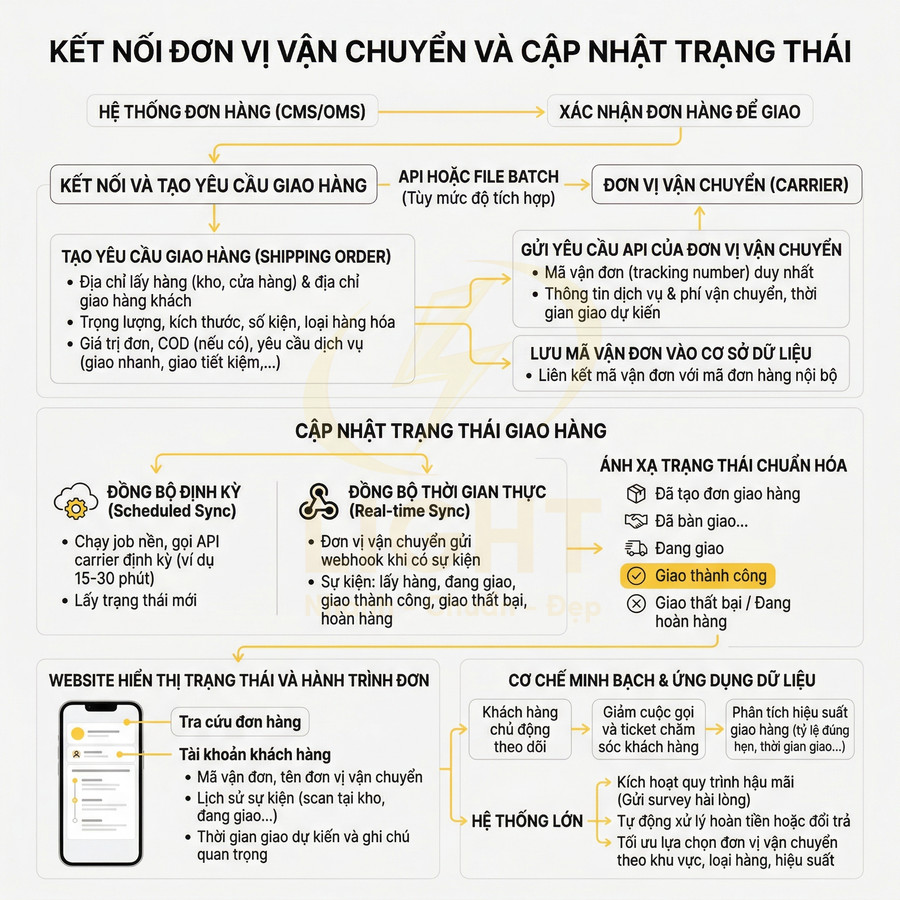 Quy trình kết nối đơn vị vận chuyển và cập nhật trạng thái giao hàng cho hệ thống quản lý đơn hàng