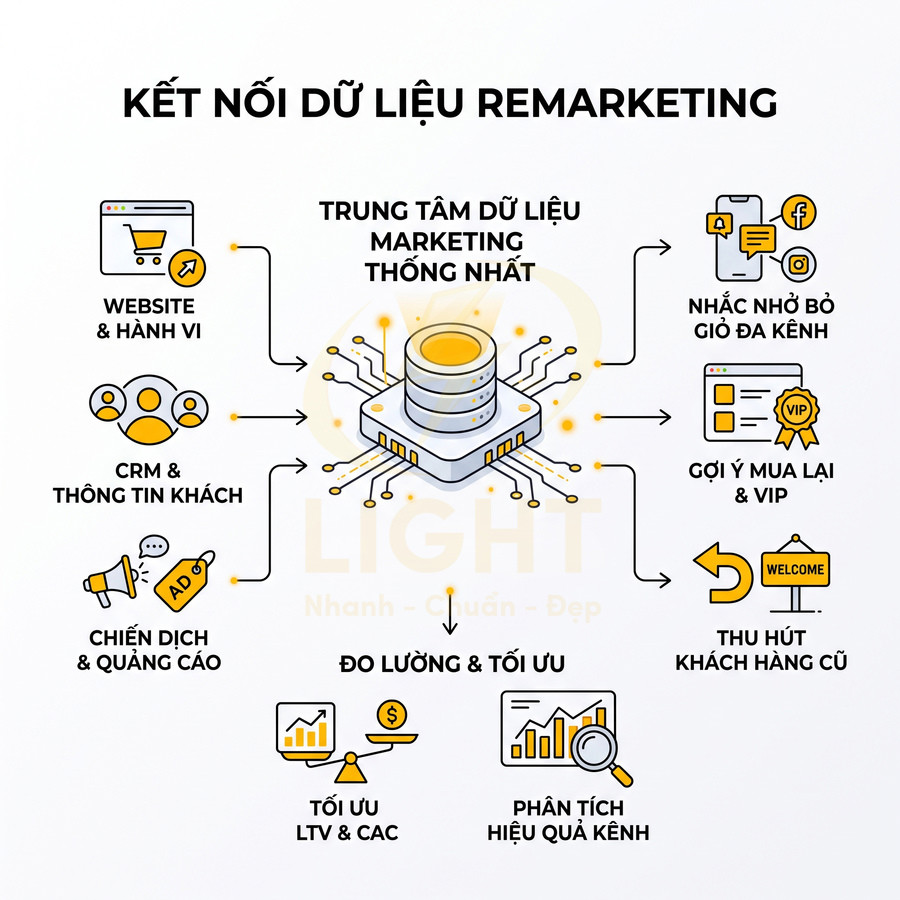 Sơ đồ kết nối dữ liệu remarketing từ website, CRM, quảng cáo vào trung tâm dữ liệu để đo lường và tối ưu marketing