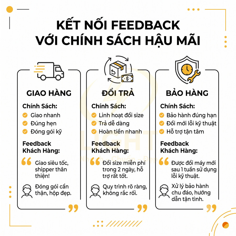 Banner giới thiệu chính sách giao hàng, đổi trả, bảo hành và feedback khách hàng của cửa hàng