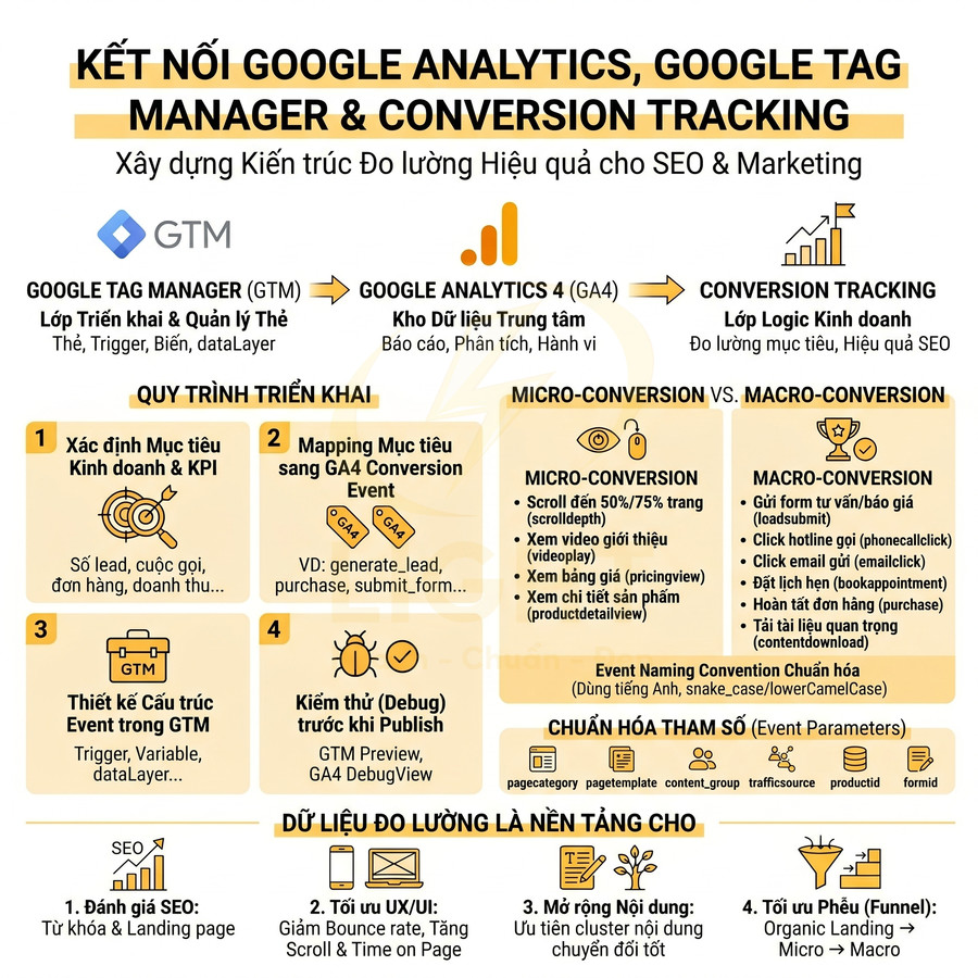 Sơ đồ kết nối Google Analytics 4, Google Tag Manager và conversion tracking cho đo lường SEO Marketing