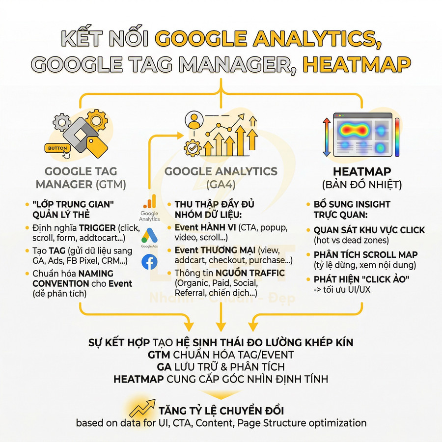 Sơ đồ kết nối Google Analytics GA4, Google Tag Manager và heatmap để đo lường hành vi và tối ưu chuyển đổi website