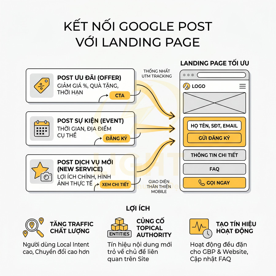 Sơ đồ kết nối Google Post với landing page tối ưu, các loại bài post dẫn về form đăng ký và CTA trên website