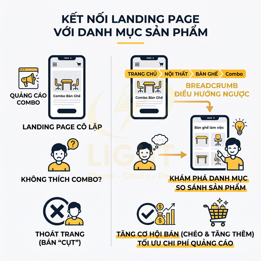 Minh họa kết nối landing page combo bàn ghế với danh mục sản phẩm nội thất để tăng cơ hội bán hàng