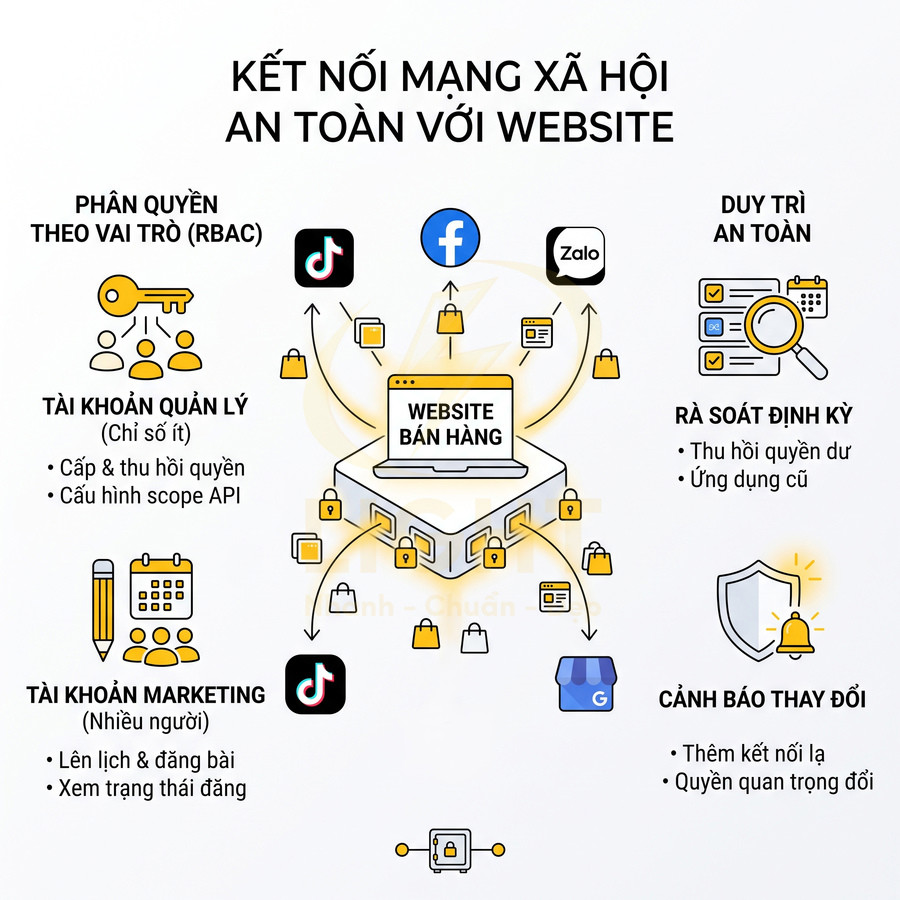 Mô hình kết nối an toàn website bán hàng với mạng xã hội TikTok Facebook Zalo và các tài khoản quản lý marketing
