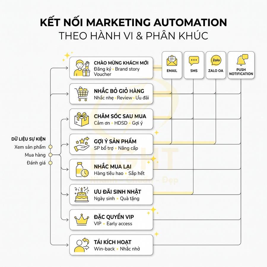 Sơ đồ kết nối marketing automation theo hành vi khách hàng qua email SMS Zalo và push notification