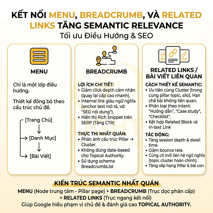 Infographic hướng dẫn kết nối menu breadcrumb và related links để tăng semantic relevance và tối ưu SEO