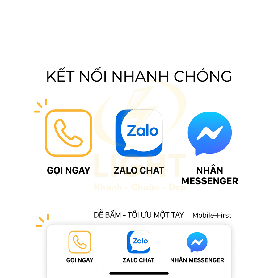 Giao diện kết nối nhanh với nút gọi ngay, Zalo Chat và Facebook Messenger trên điện thoại di động