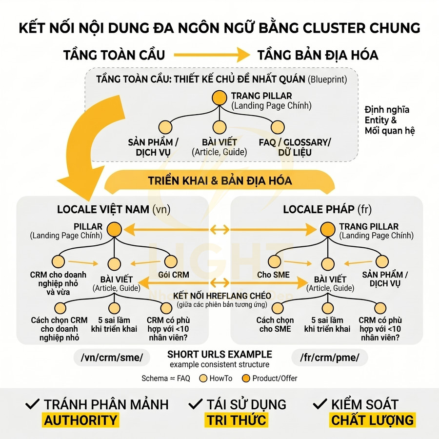 Sơ đồ chiến lược nội dung đa ngôn ngữ bằng topic cluster cho trang pillar, bài viết và sản phẩm dịch vụ CRM