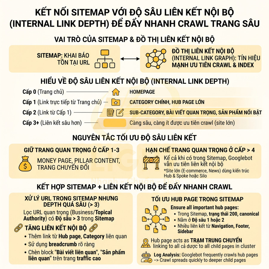Infographic hướng dẫn tối ưu sitemap và độ sâu liên kết nội bộ để Google crawl nhanh trang web SEO