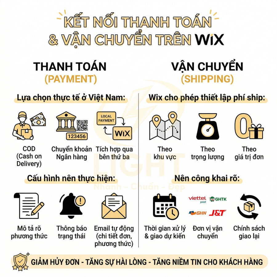 Hướng dẫn kết nối thanh toán và vận chuyển trên Wix với COD, chuyển khoản, phí ship theo khu vực, trọng lượng, giá trị đơn