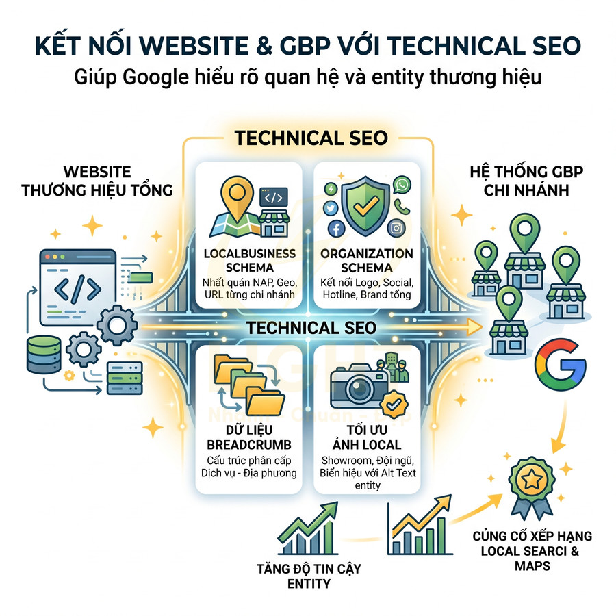 Mô hình minh họa kết nối website thương hiệu và Google Business Profile bằng technical SEO để tăng xếp hạng local