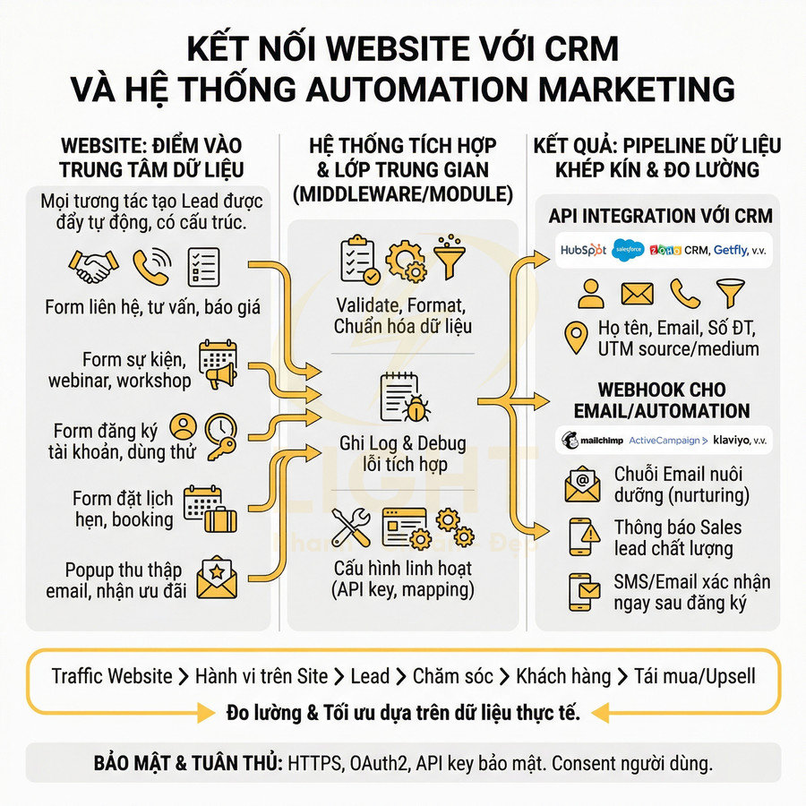 Sơ đồ kết nối website với CRM và hệ thống automation marketing, mô tả luồng dữ liệu và tích hợp API, webhook