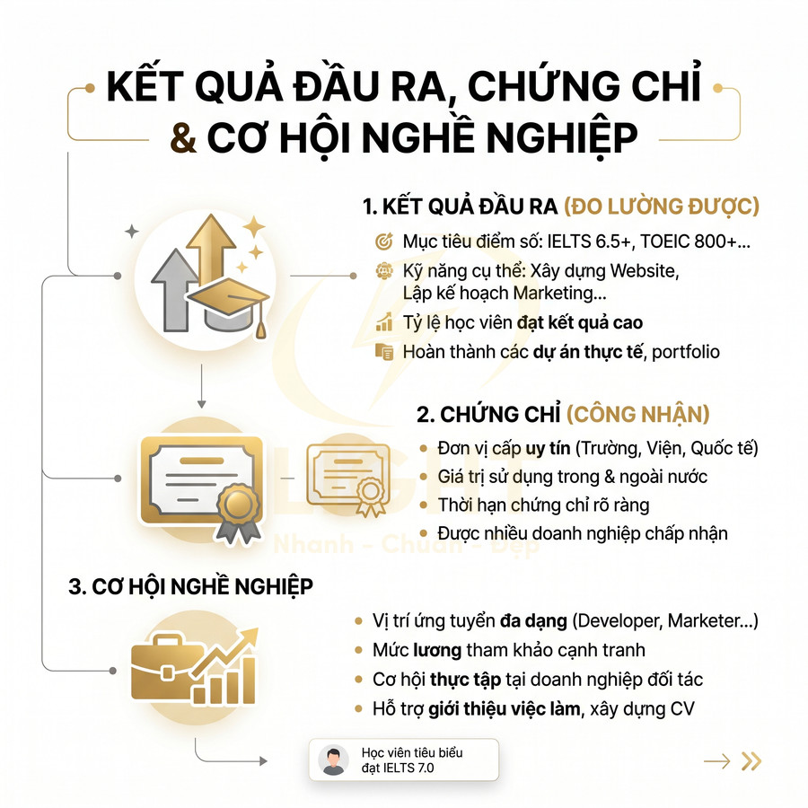Infographic kết quả đầu ra, chứng chỉ và cơ hội nghề nghiệp sau khóa học tiếng Anh và marketing