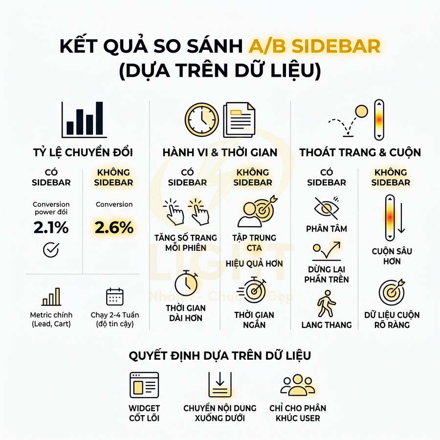 Infographic so sánh kết quả A/B test sidebar về tỷ lệ chuyển đổi, hành vi người dùng và quyết định tối ưu giao diện